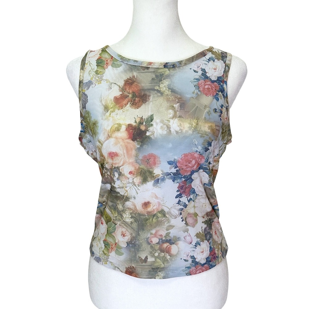 Unbranded Floral Mesh Tank Top Womens L Multi Color Sheer Romantic Cottagecore
